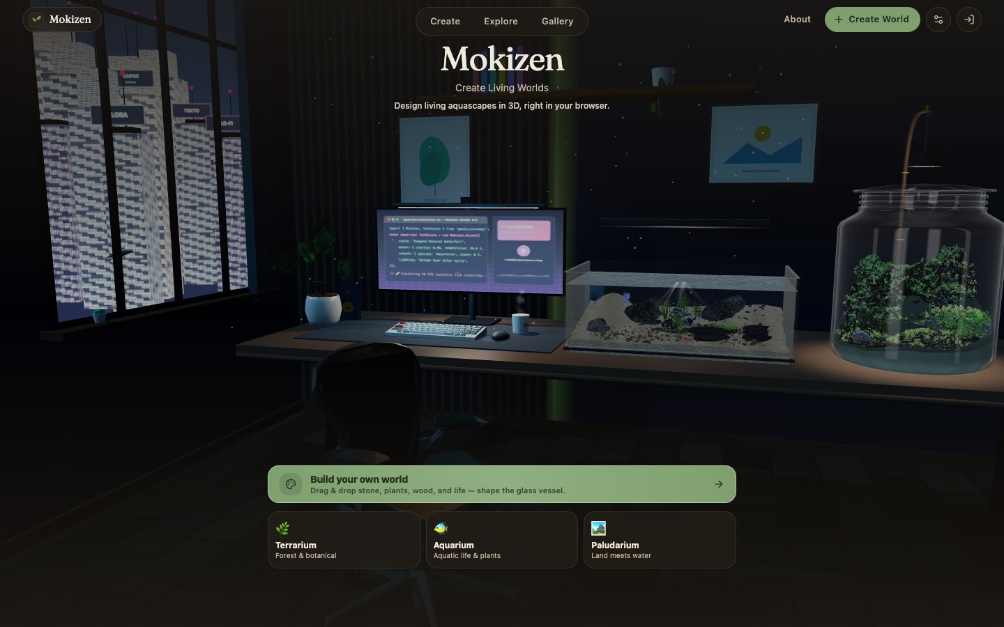 Mokizen in the browser — the landing page's 3D desk scene with an aquarium and a terrarium