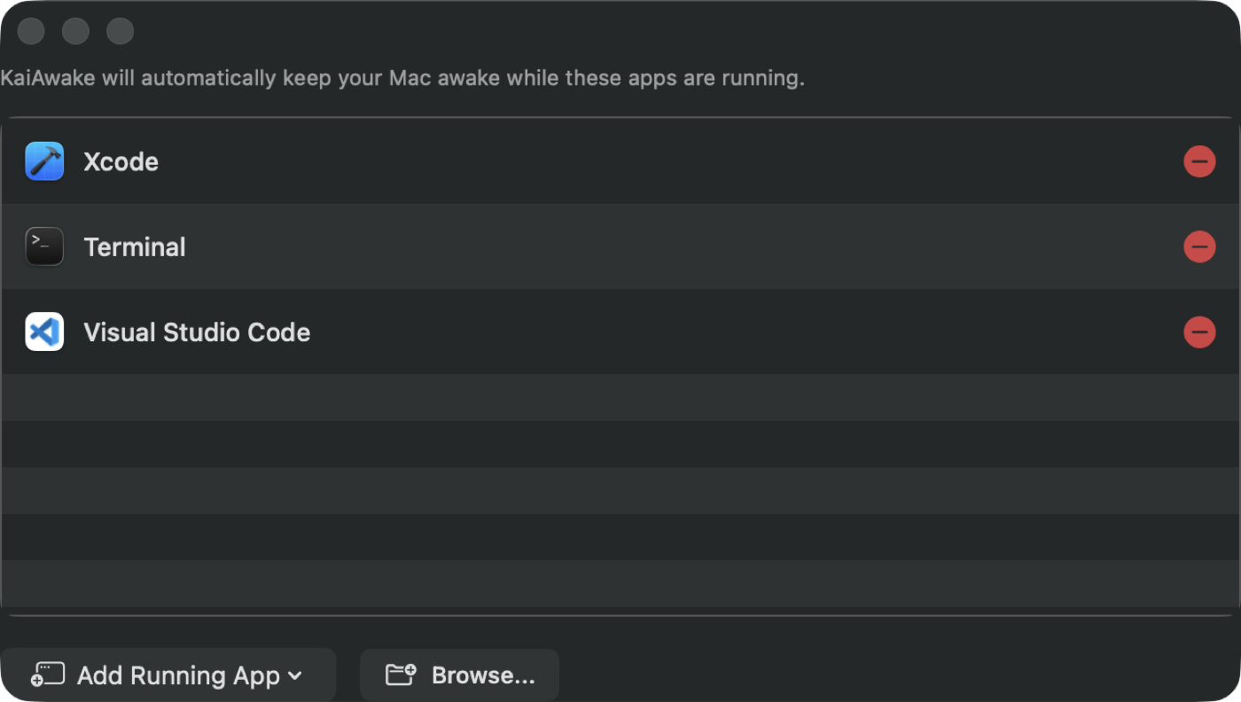 Auto mode listing Xcode, Terminal and Visual Studio Code as trigger apps.