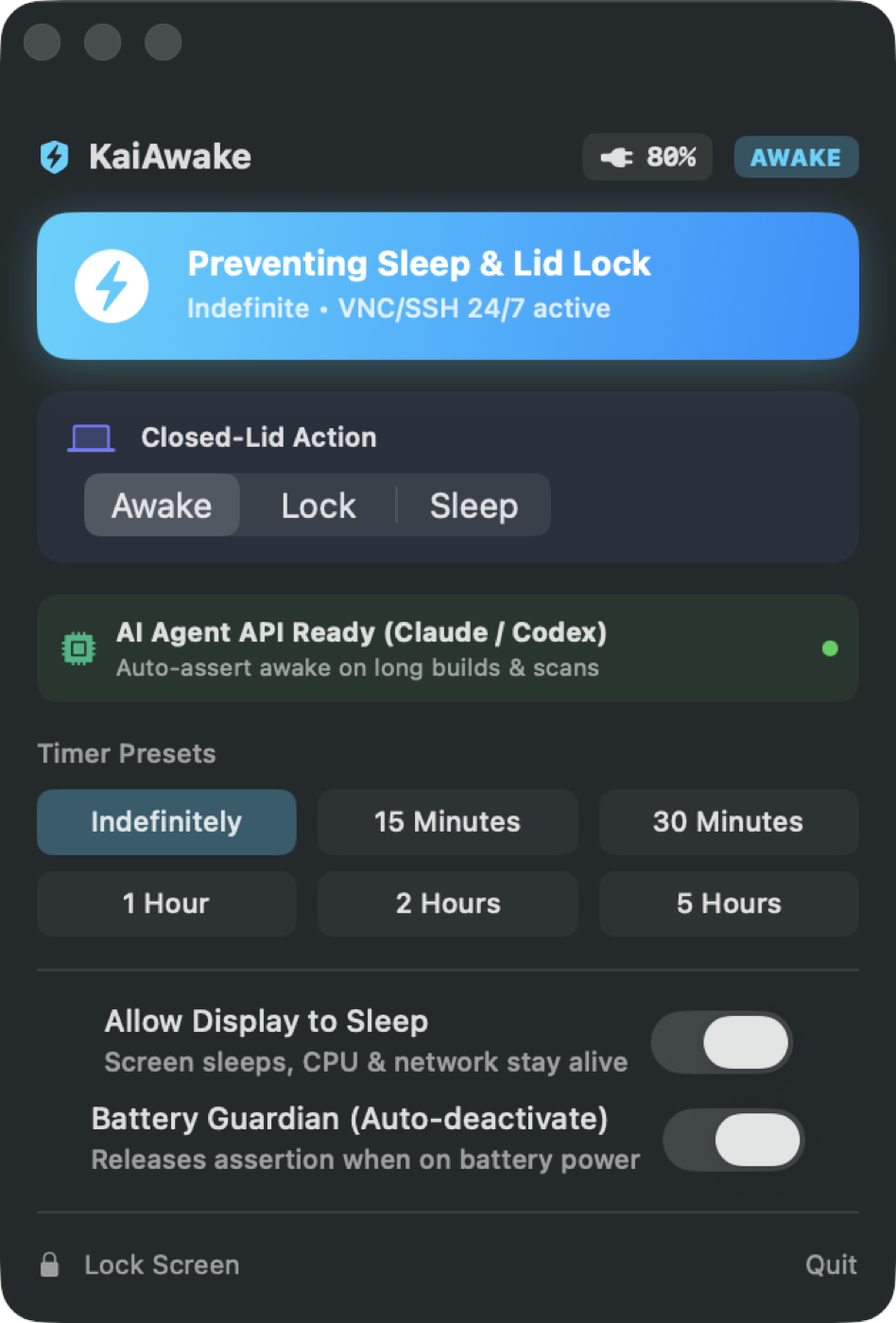 The KaiAwake menu bar panel: status, closed-lid action, timer presets and power toggles.