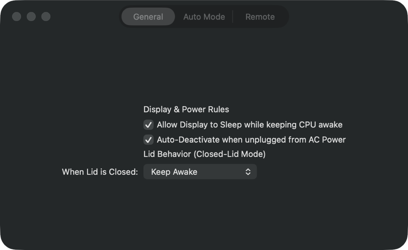 General settings: display and power rules, and closed-lid behaviour.