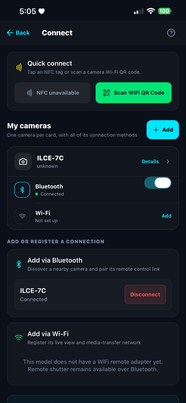 KaiCam camera profile and connection screen