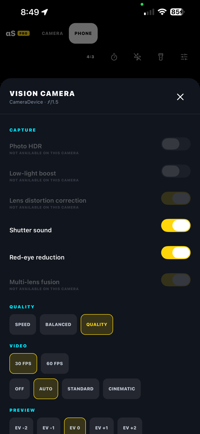 KaiCam phone camera controls sheet