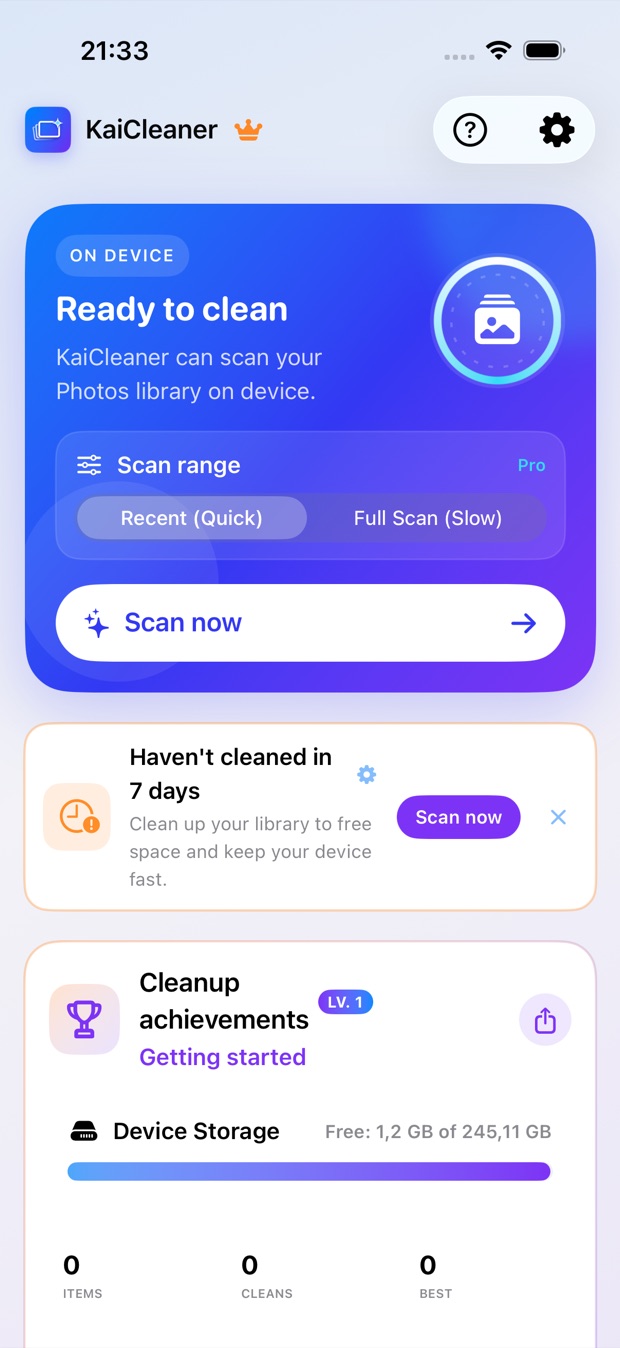 KaiCleaner home screen: an On Device badge, Ready to clean, scan range, and device storage