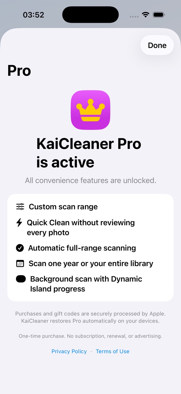 KaiCleaner Pro is active, listing convenience features