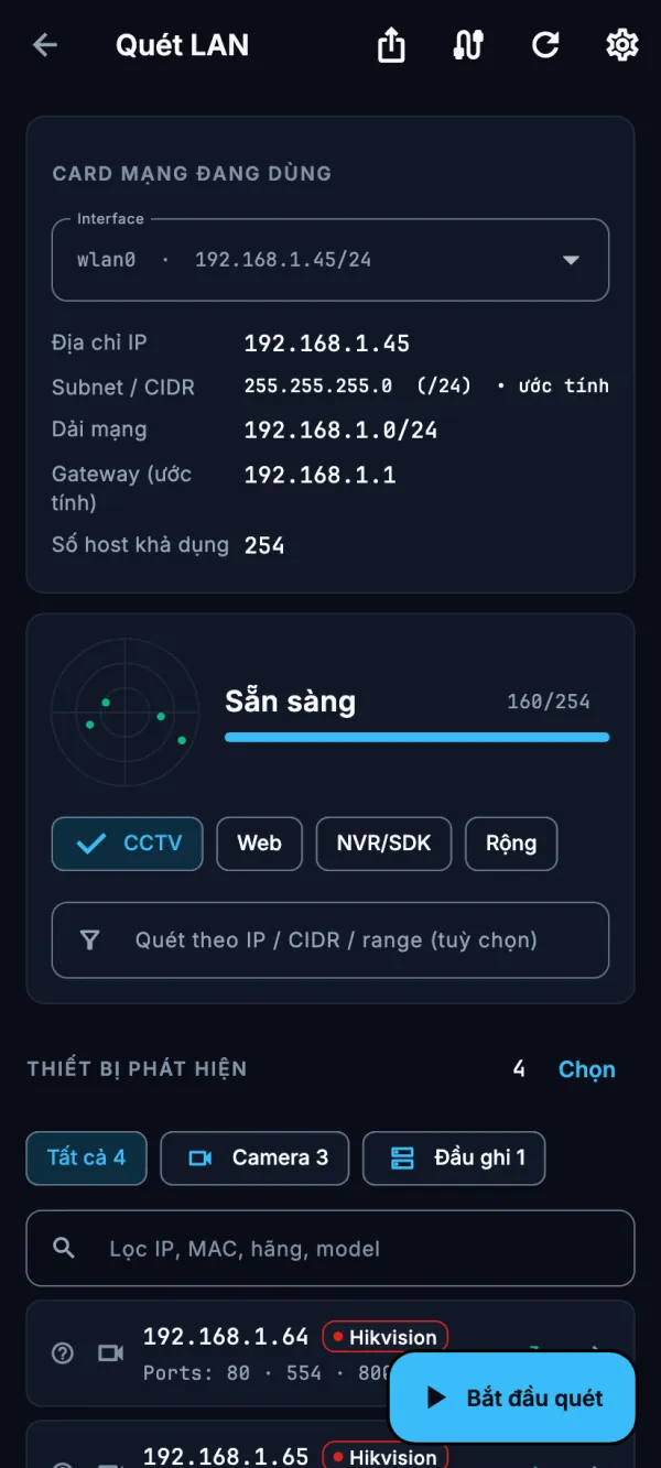 Màn Quét LAN trên điện thoại: card mạng, subnet và gateway, tiến độ quét, bộ lọc camera và đầu ghi