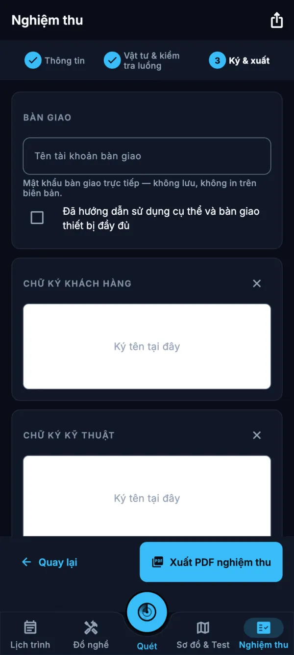 Nghiệm thu bước 3: tên tài khoản bàn giao, ô chữ ký khách hàng và chữ ký kỹ thuật, nút Xuất PDF nghiệm thu